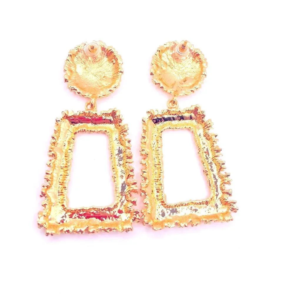 Gold Statement 80s Retro Geometric Textured Dangle Earrings